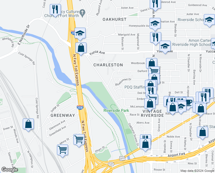 map of restaurants, bars, coffee shops, grocery stores, and more near 2100 Bird Street in Fort Worth