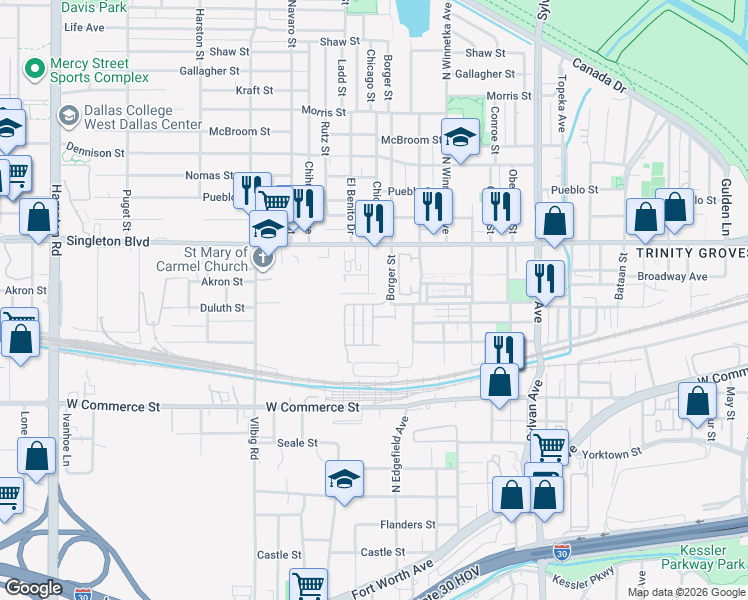 map of restaurants, bars, coffee shops, grocery stores, and more near 1314 Duluth Street in Dallas