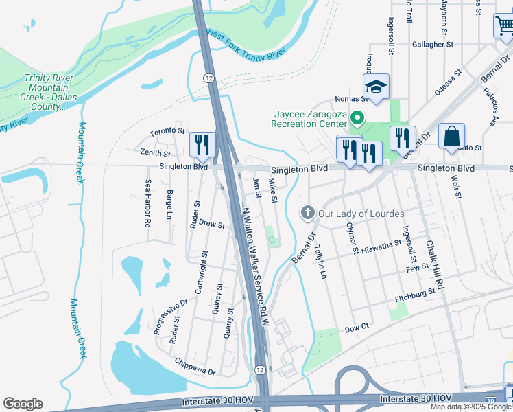 map of restaurants, bars, coffee shops, grocery stores, and more near 2711 Jim Street in Dallas