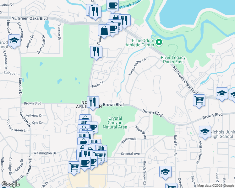 map of restaurants, bars, coffee shops, grocery stores, and more near 2513 Summer Tree Circle in Arlington