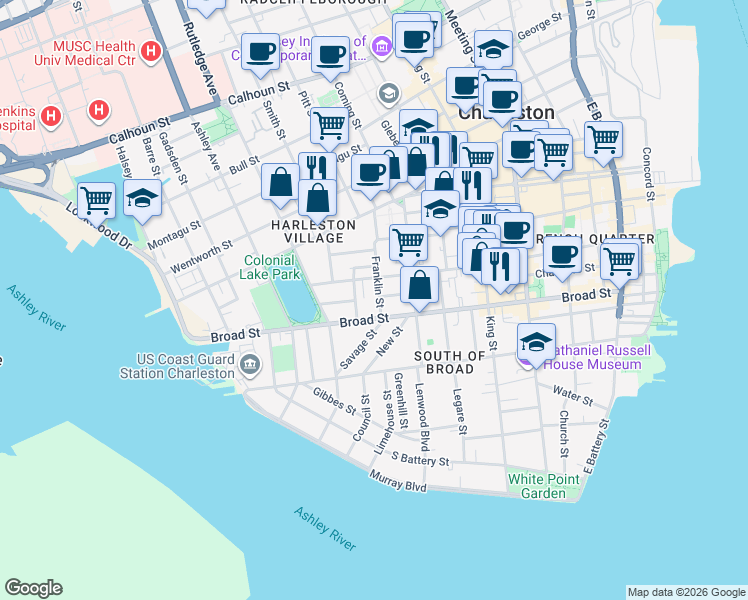 map of restaurants, bars, coffee shops, grocery stores, and more near 9 Franklin Street in Charleston