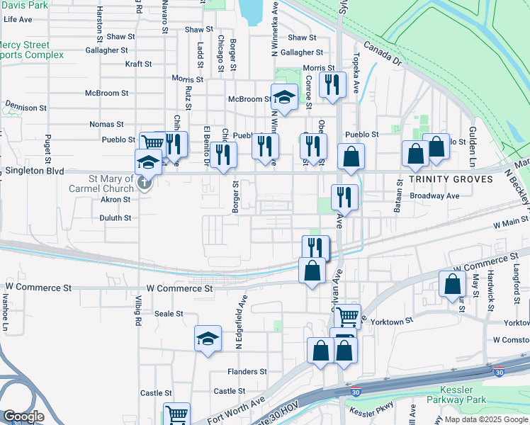 map of restaurants, bars, coffee shops, grocery stores, and more near 1140 Manacor Lane in Dallas