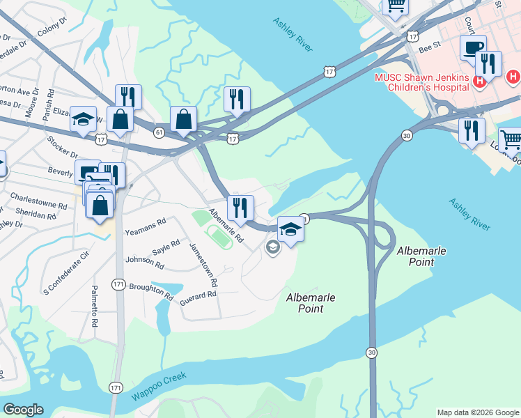 map of restaurants, bars, coffee shops, grocery stores, and more near 9 Transom Court in Charleston