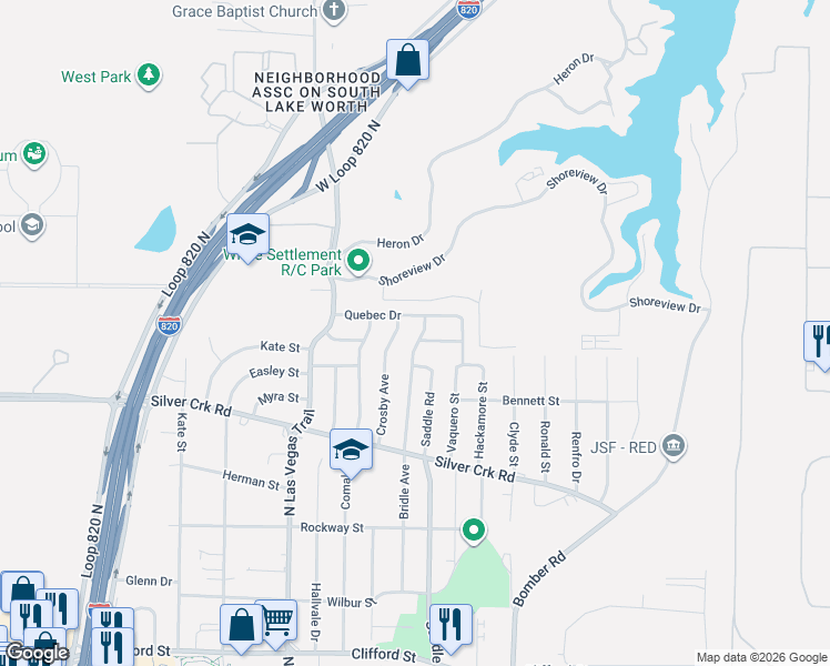 map of restaurants, bars, coffee shops, grocery stores, and more near 1017 Bridle Avenue in Fort Worth
