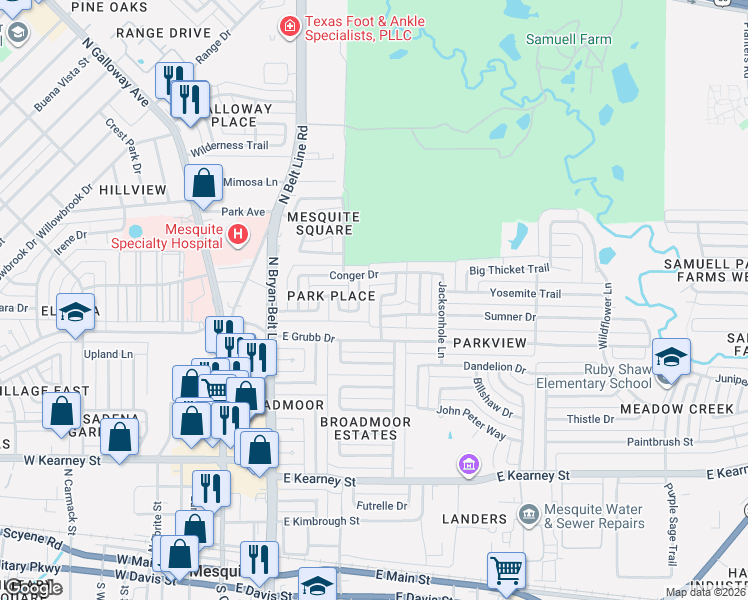 map of restaurants, bars, coffee shops, grocery stores, and more near 821 Broadmoor Drive in Mesquite