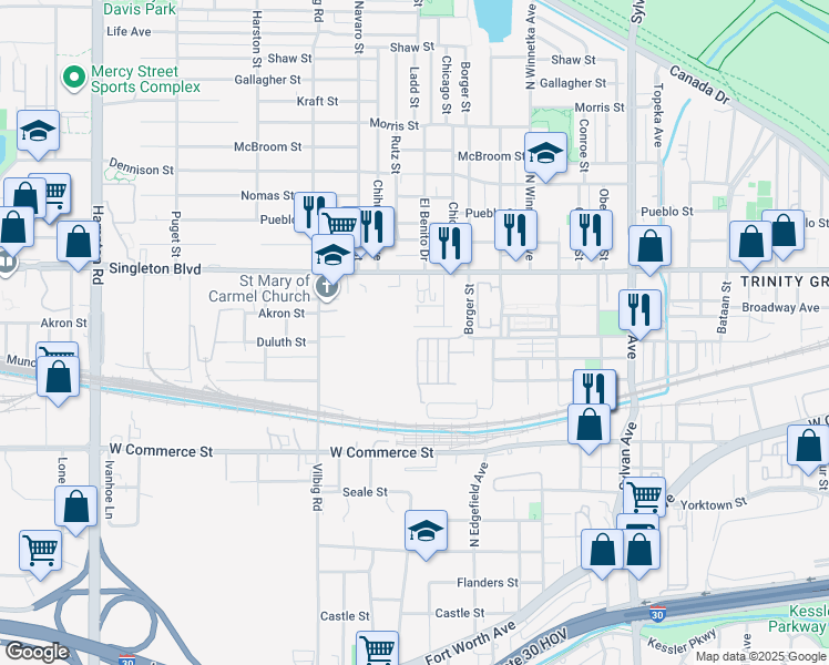map of restaurants, bars, coffee shops, grocery stores, and more near 1426 Duluth Street in Dallas