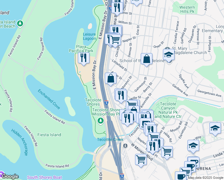 map of restaurants, bars, coffee shops, grocery stores, and more near 1675 Morena Boulevard in San Diego