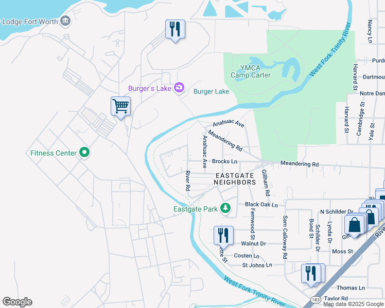 map of restaurants, bars, coffee shops, grocery stores, and more near 928 River Road in Fort Worth