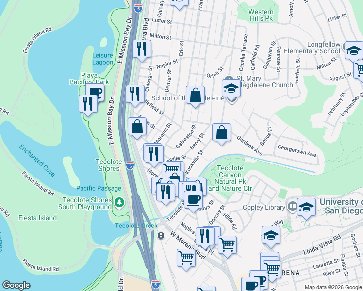 map of restaurants, bars, coffee shops, grocery stores, and more near 1420 Galveston Street in San Diego