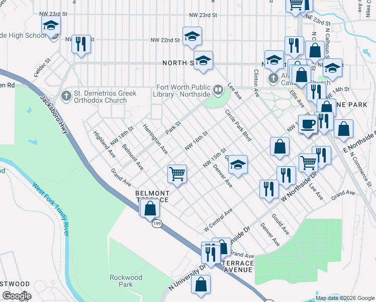 map of restaurants, bars, coffee shops, grocery stores, and more near 1624 Lagonda Avenue in Fort Worth