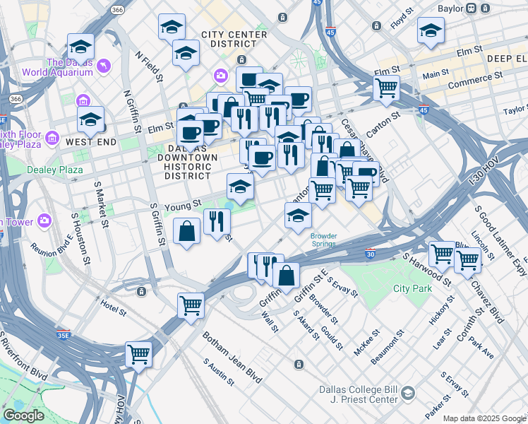map of restaurants, bars, coffee shops, grocery stores, and more near South Ervay Street in Dallas