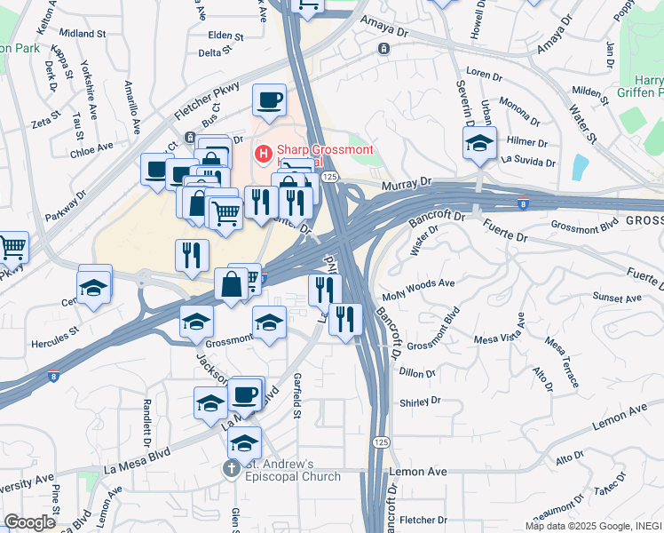 map of restaurants, bars, coffee shops, grocery stores, and more near 8996 La Mesa Boulevard in La Mesa