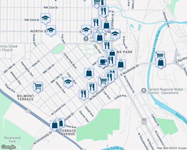 map of restaurants, bars, coffee shops, grocery stores, and more near 1402 Lee Avenue in Fort Worth