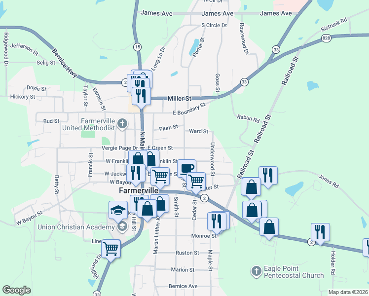map of restaurants, bars, coffee shops, grocery stores, and more near 500 East Green Street in Farmerville