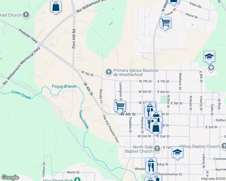 map of restaurants, bars, coffee shops, grocery stores, and more near 1501 Oliver Street in Weatherford