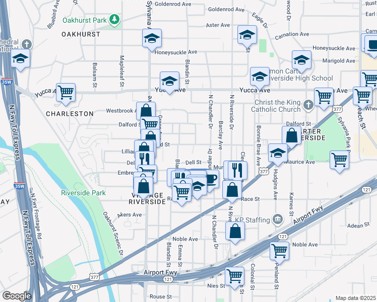 map of restaurants, bars, coffee shops, grocery stores, and more near 2816 Bird Street in Fort Worth
