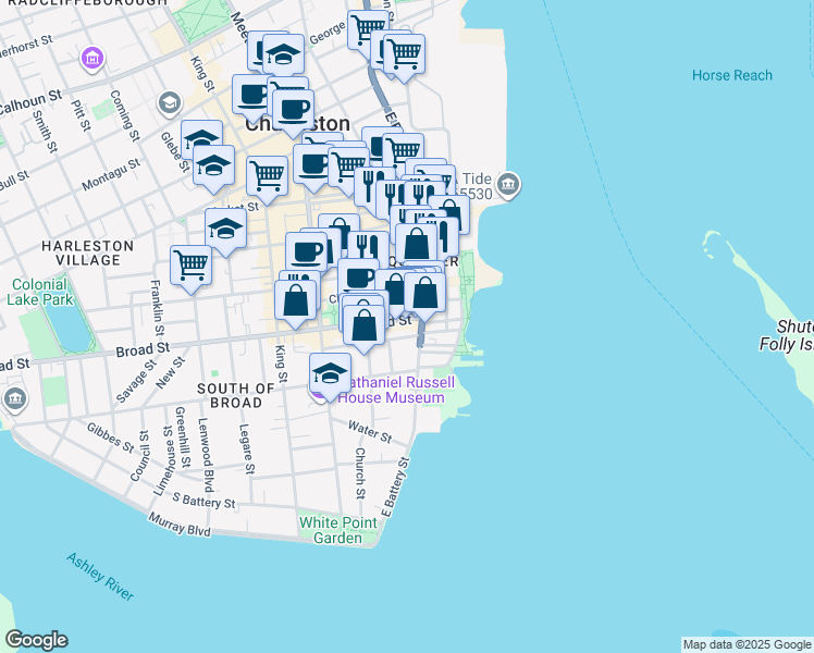 map of restaurants, bars, coffee shops, grocery stores, and more near 122 East Bay Street in Charleston