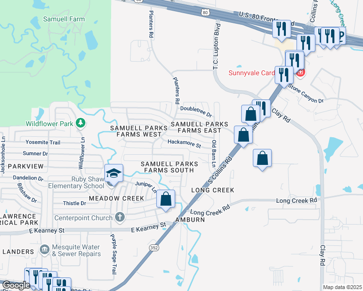 map of restaurants, bars, coffee shops, grocery stores, and more near 1536 Hackamore Street in Mesquite