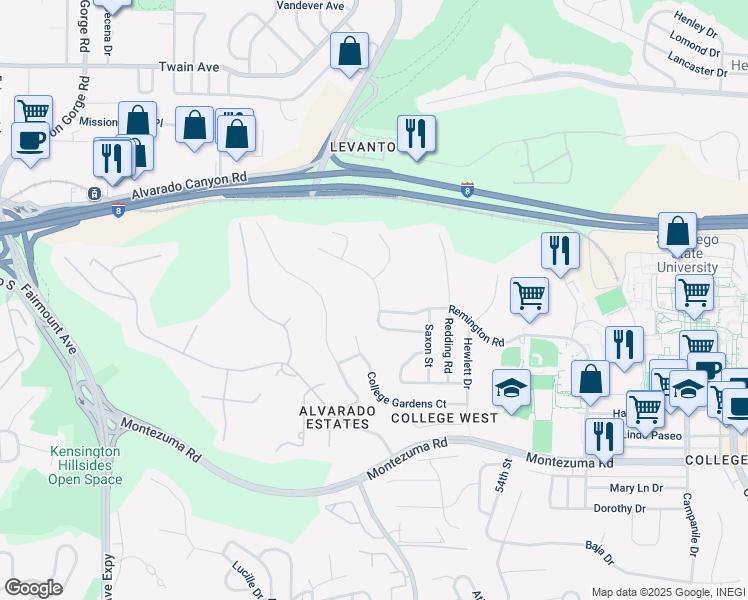 map of restaurants, bars, coffee shops, grocery stores, and more near 5412 Drover Drive in San Diego