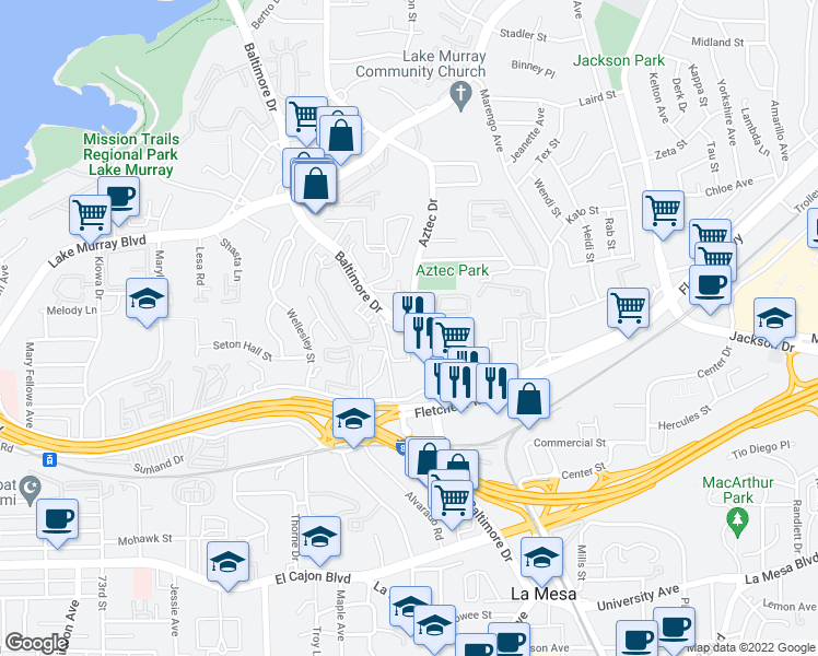 map of restaurants, bars, coffee shops, grocery stores, and more near Baltimore Drive & Aztec Drive in La Mesa