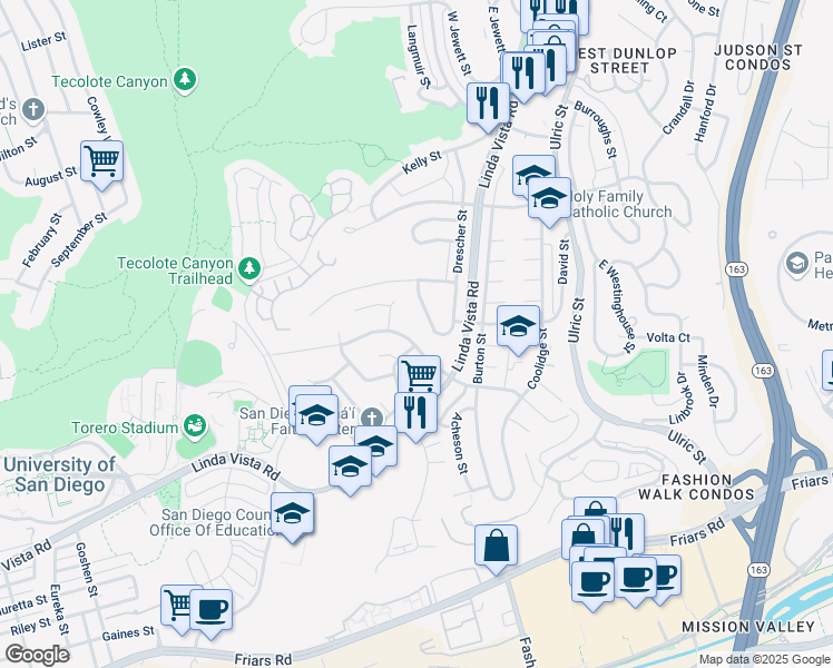map of restaurants, bars, coffee shops, grocery stores, and more near 6640 Glidden Street in San Diego