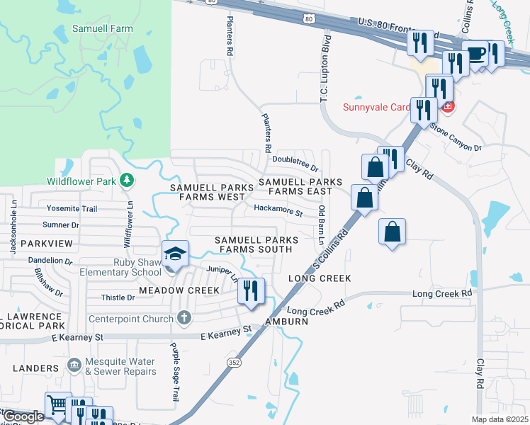 map of restaurants, bars, coffee shops, grocery stores, and more near 1536 Hackamore Street in Mesquite