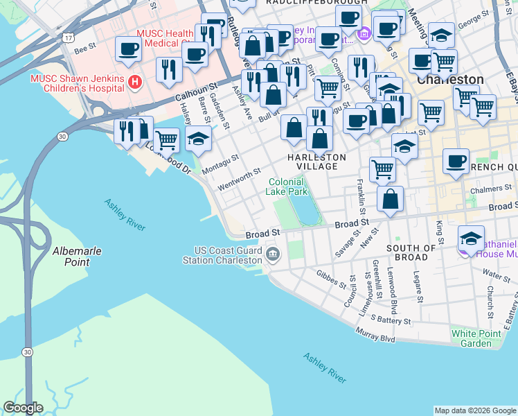 map of restaurants, bars, coffee shops, grocery stores, and more near 2 Canal Street in Charleston