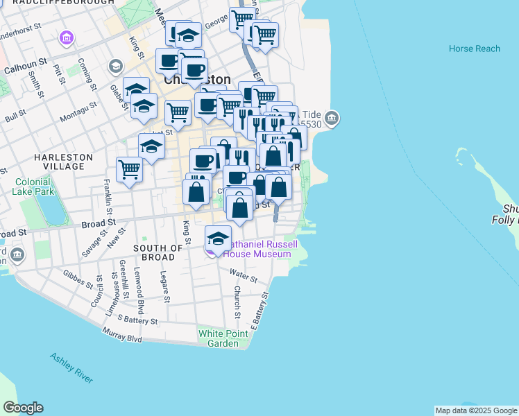 map of restaurants, bars, coffee shops, grocery stores, and more near in Charleston