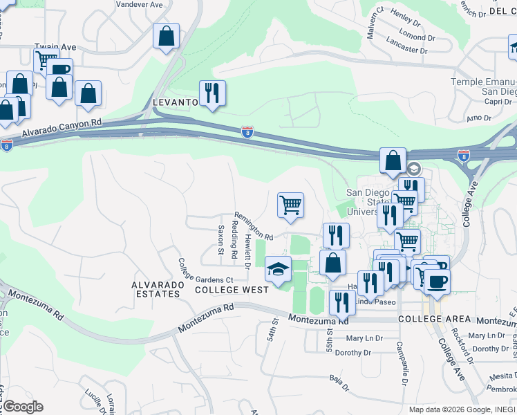 map of restaurants, bars, coffee shops, grocery stores, and more near 5410 Hewlett Drive in San Diego