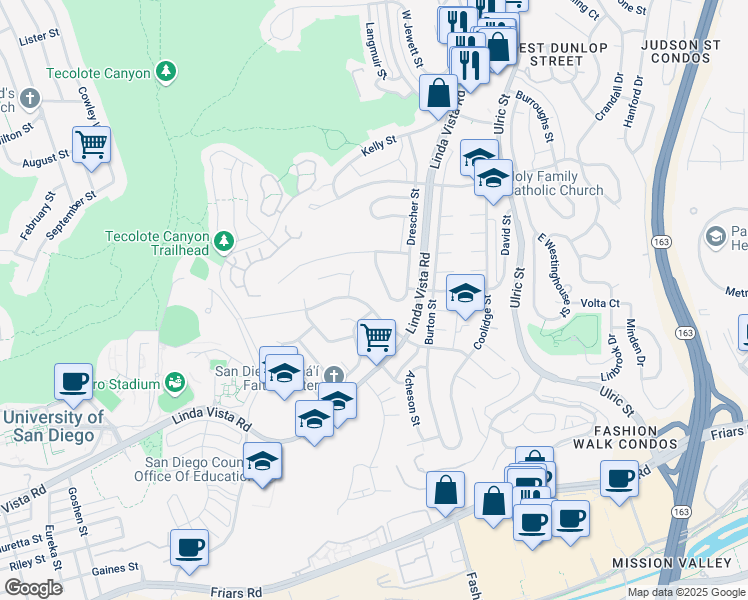 map of restaurants, bars, coffee shops, grocery stores, and more near 6640 Glidden Street in San Diego