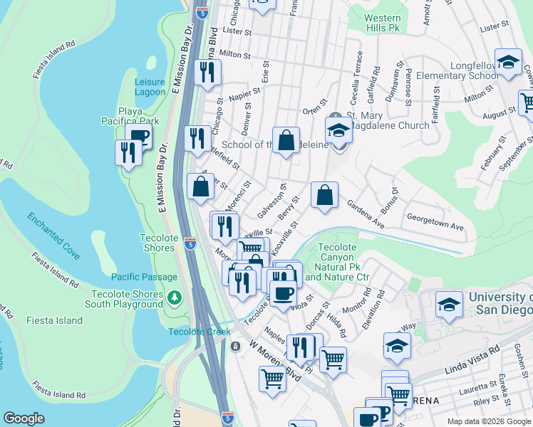 map of restaurants, bars, coffee shops, grocery stores, and more near 1536 Bervy Street in San Diego
