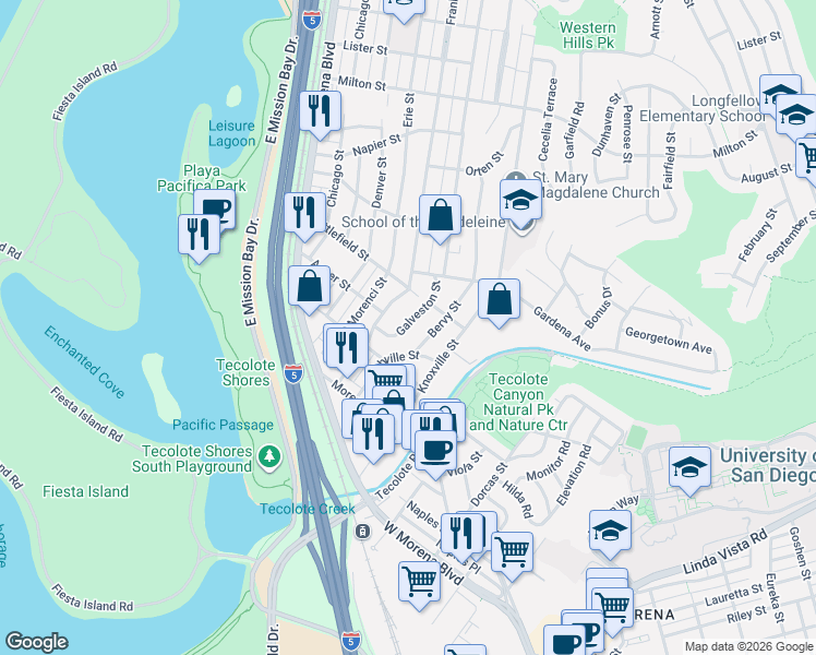 map of restaurants, bars, coffee shops, grocery stores, and more near 1420 Galveston Street in San Diego