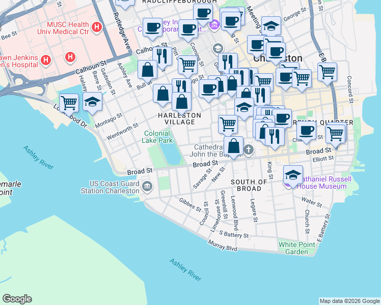 map of restaurants, bars, coffee shops, grocery stores, and more near 20 Trumbo Street in Charleston