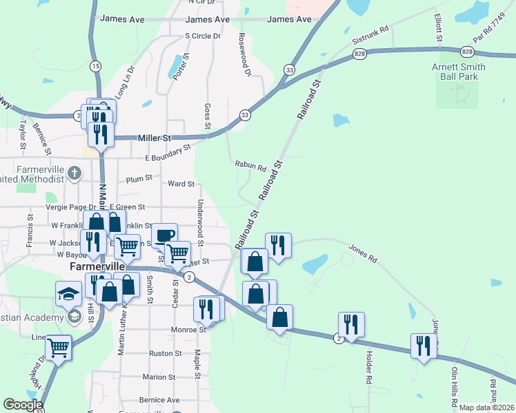 map of restaurants, bars, coffee shops, grocery stores, and more near 460 Railroad Street in Farmerville