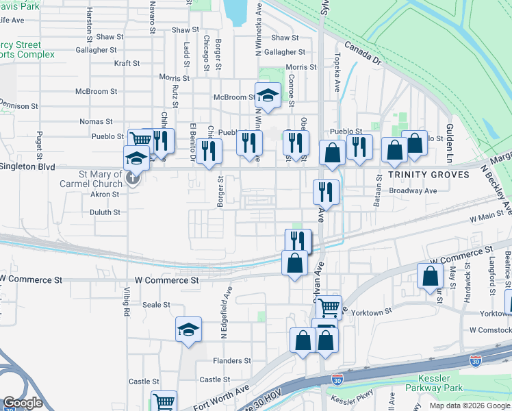 map of restaurants, bars, coffee shops, grocery stores, and more near 1140 Manacor Lane in Dallas