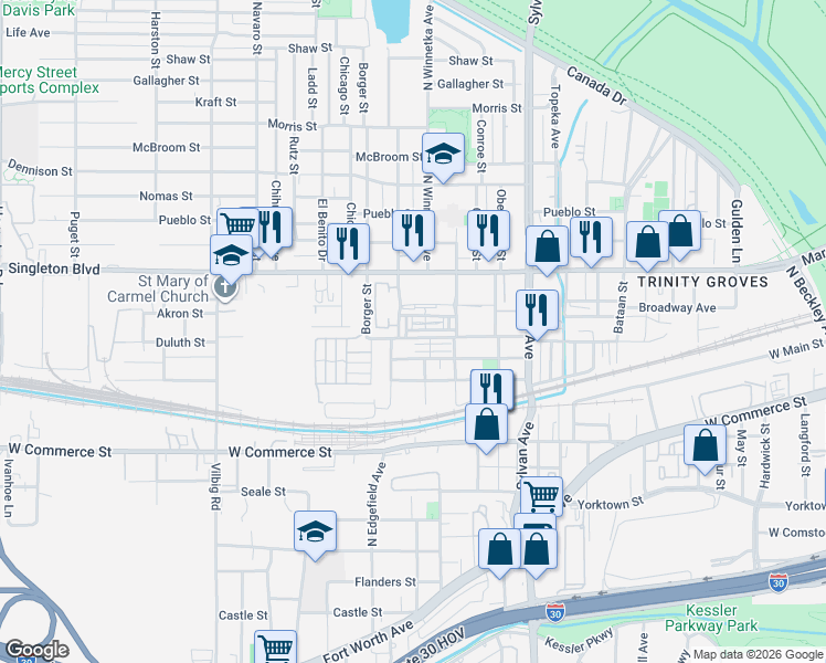map of restaurants, bars, coffee shops, grocery stores, and more near 1140 Manacor Lane in Dallas