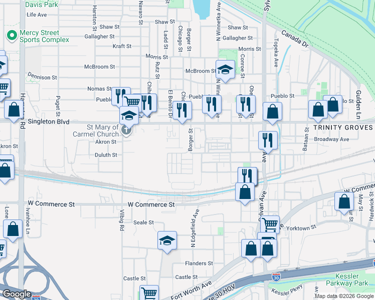 map of restaurants, bars, coffee shops, grocery stores, and more near 1314 Duluth Street in Dallas