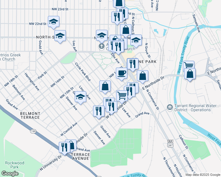 map of restaurants, bars, coffee shops, grocery stores, and more near 1402 Lee Avenue in Fort Worth