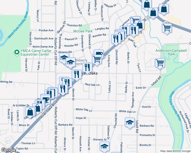 map of restaurants, bars, coffee shops, grocery stores, and more near 1013 Keith Pumphrey Drive in River Oaks