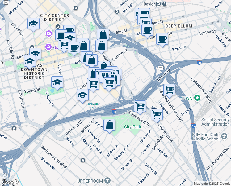 map of restaurants, bars, coffee shops, grocery stores, and more near 1101 South Pearl Expressway in Dallas