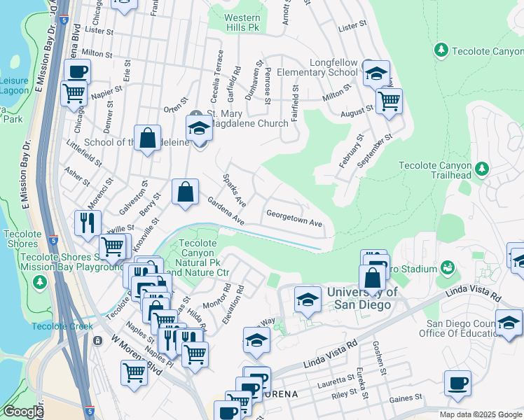 map of restaurants, bars, coffee shops, grocery stores, and more near 1836 Goldboro Street in San Diego