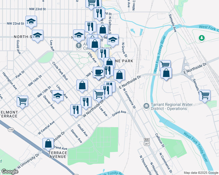 map of restaurants, bars, coffee shops, grocery stores, and more near 1310 North Houston Street in Fort Worth