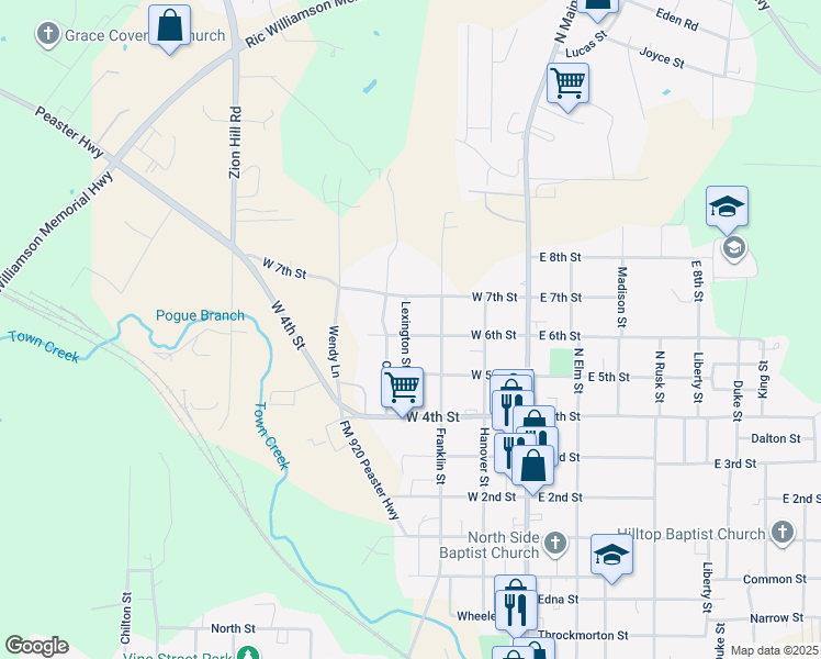 map of restaurants, bars, coffee shops, grocery stores, and more near 314 West 6th Street in Weatherford