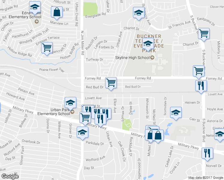 map of restaurants, bars, coffee shops, grocery stores, and more near 7214 Red Bud Dr in Dallas