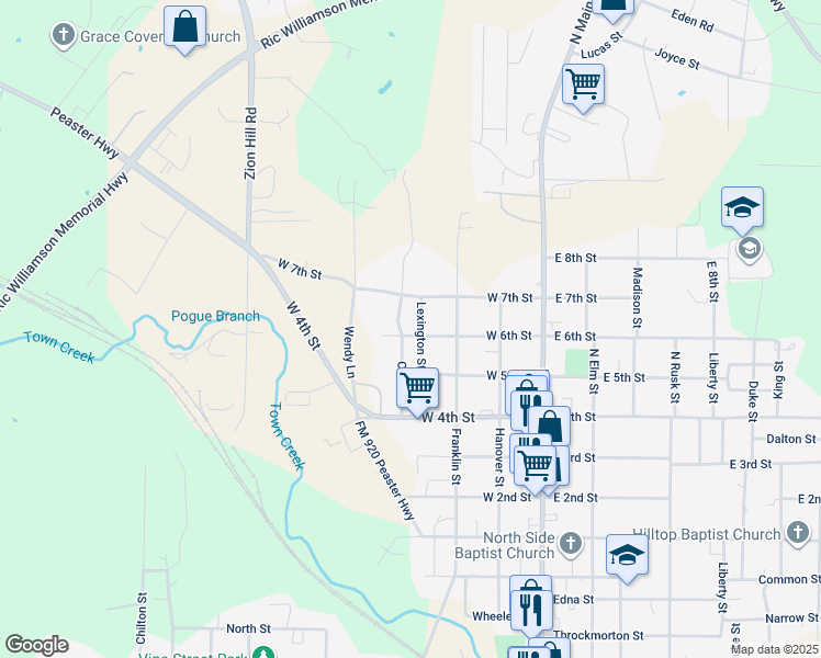 map of restaurants, bars, coffee shops, grocery stores, and more near 320 West 6th Street in Weatherford