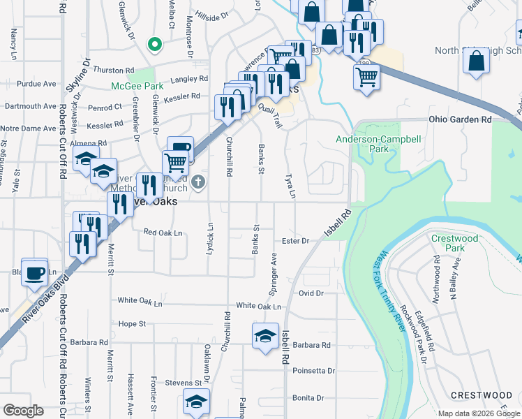 map of restaurants, bars, coffee shops, grocery stores, and more near 1032 Banks Street in Fort Worth