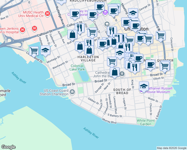 map of restaurants, bars, coffee shops, grocery stores, and more near 20 Trumbo Street in Charleston