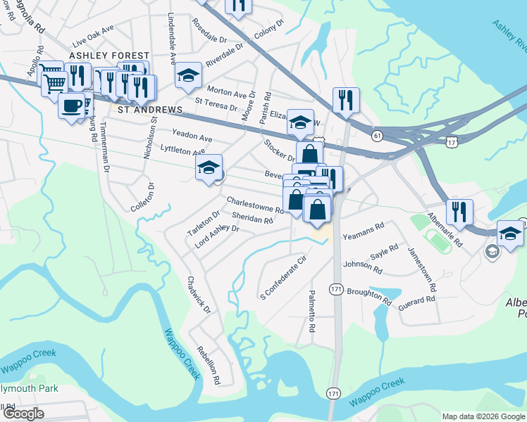 map of restaurants, bars, coffee shops, grocery stores, and more near 10 Sheridan Road in Charleston
