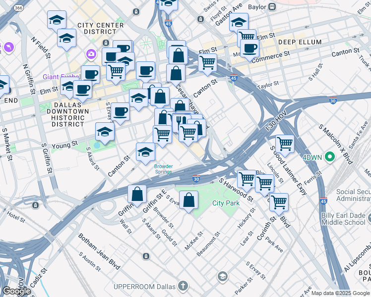 map of restaurants, bars, coffee shops, grocery stores, and more near 1011 South Harwood Street in Dallas