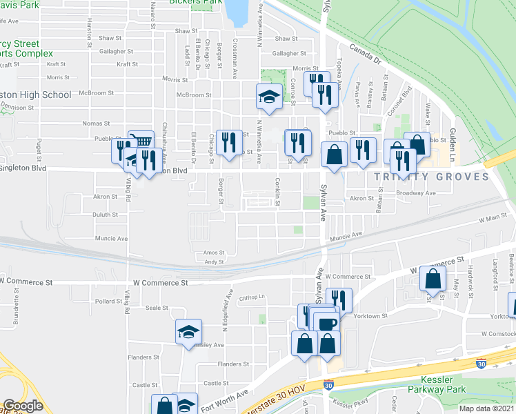 map of restaurants, bars, coffee shops, grocery stores, and more near 1002 Manacor Lane in Dallas